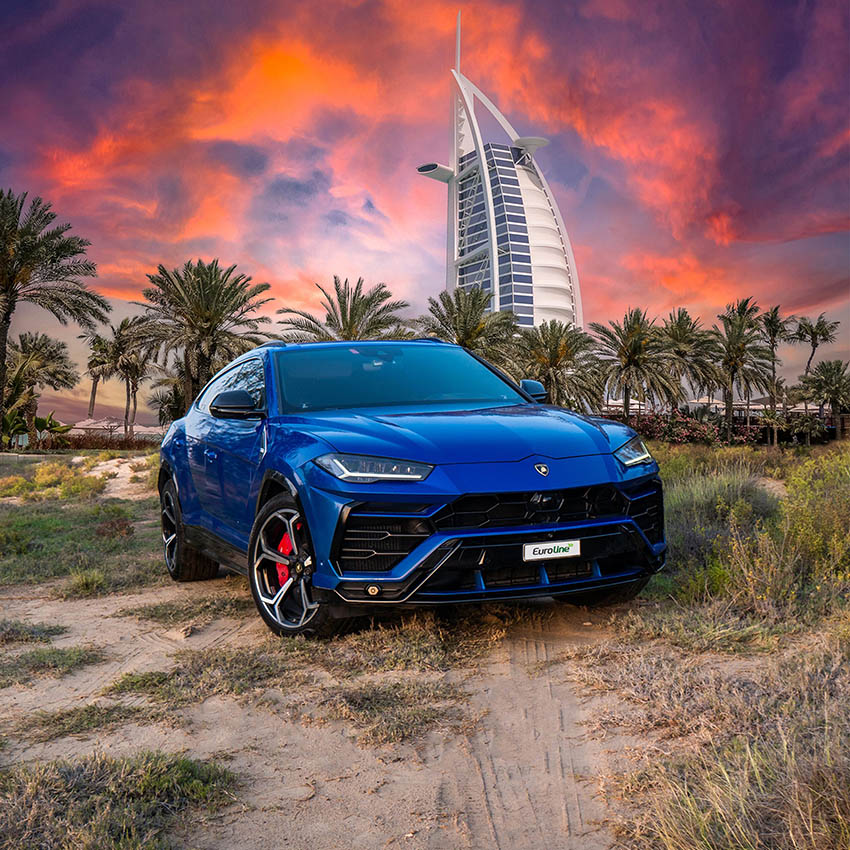 Lamborghini Urus in Burj Al-Arab Dubai setting